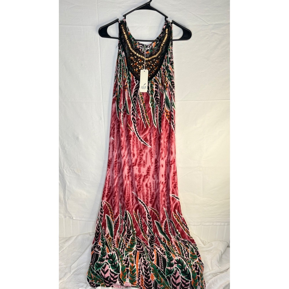 NWT Julia Fashion Pink Tropical Leaf Beaded Bib Maxi Dre S/M NEW